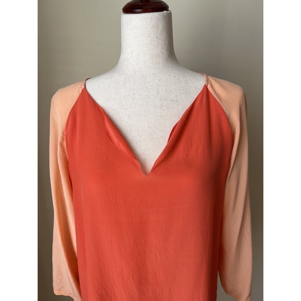 Eileen Fisher Woman Pullover Blouse Size 1X Orange V Neck 3/4 Sleeve Colorblock